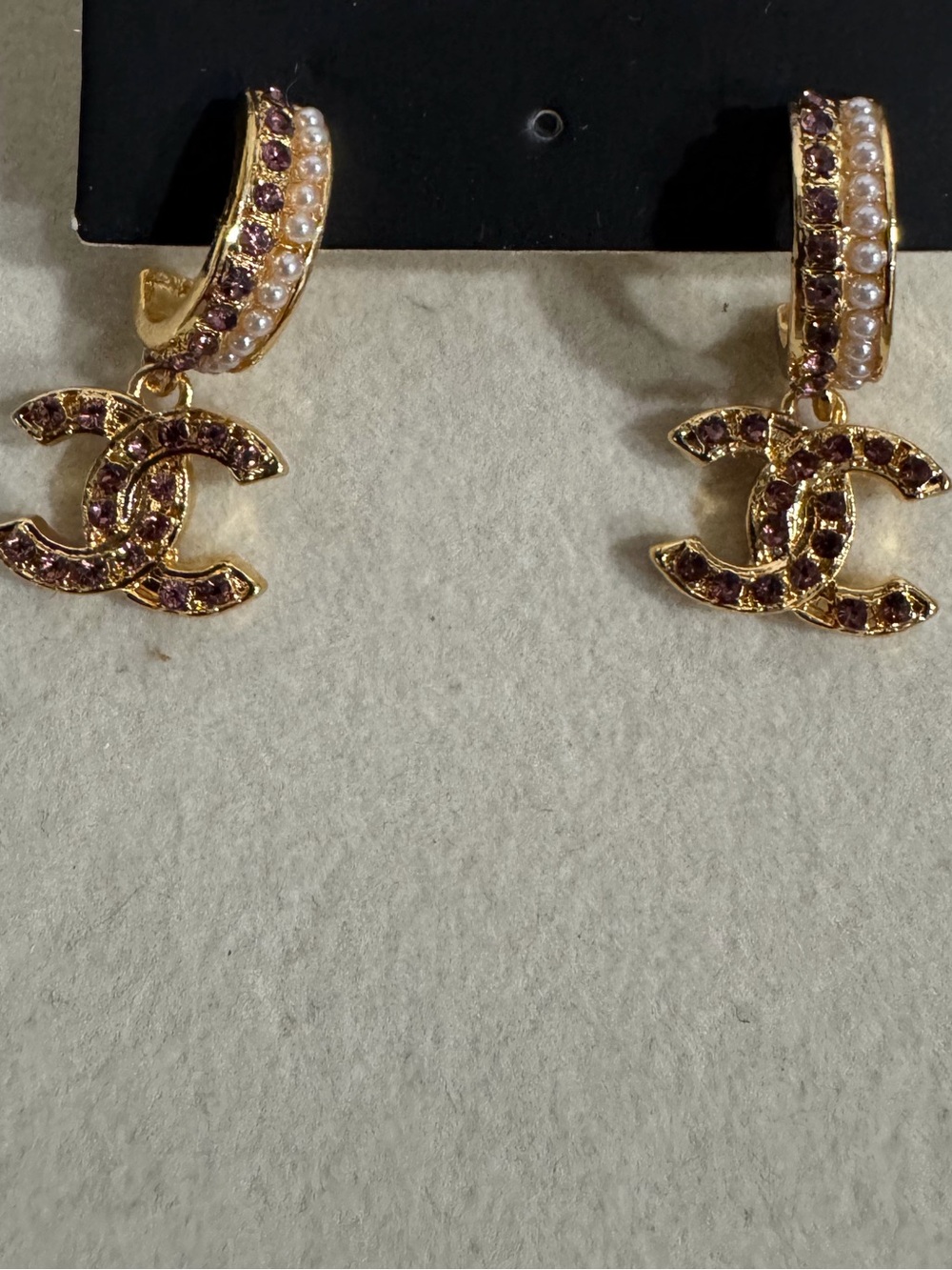 Pink diamond, gold, & pearl detailed half hoop earrings